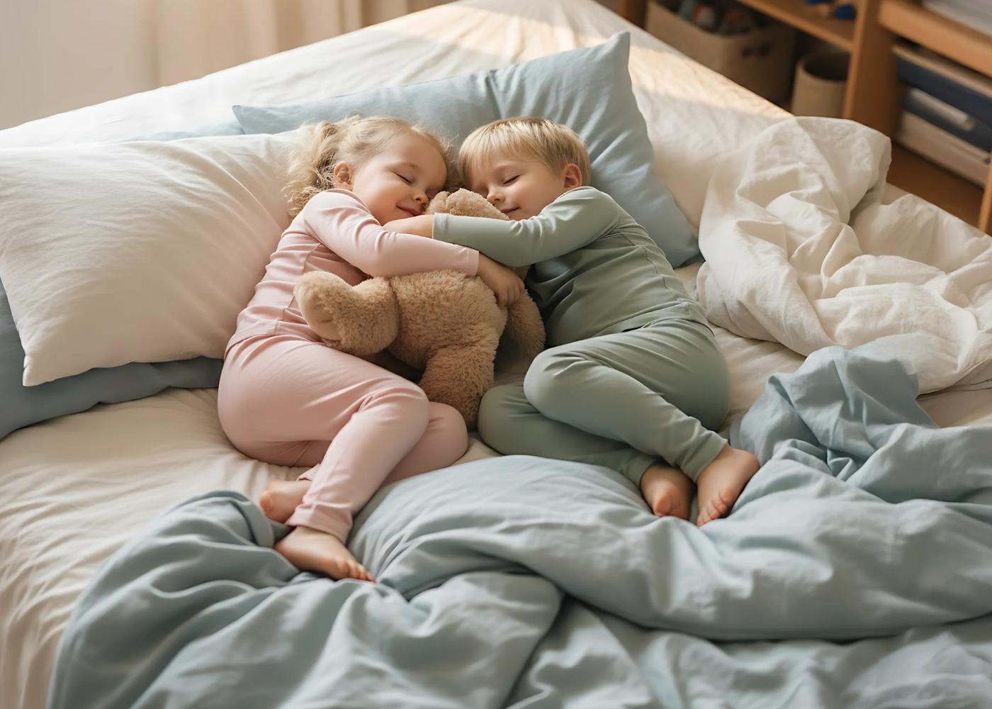 Two children cuddling a teddy bear while sleeping peacefully in soft bamboo pajamas.