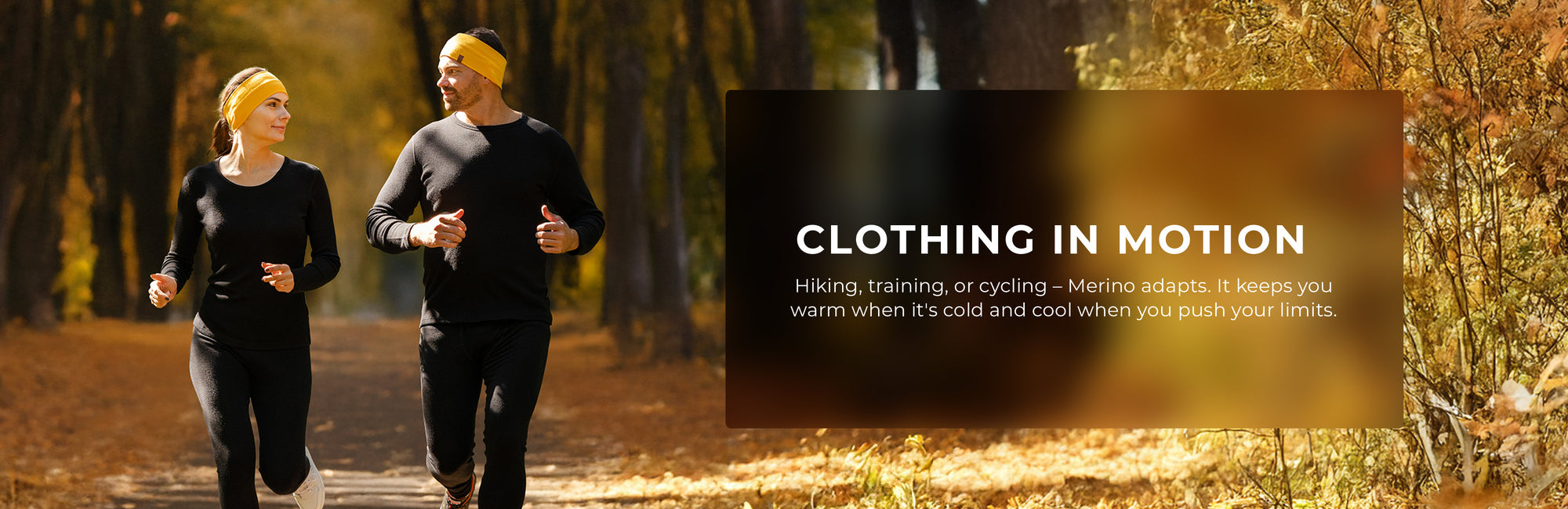 Two people running outdoors with a focus on clothing in motion text overlay.