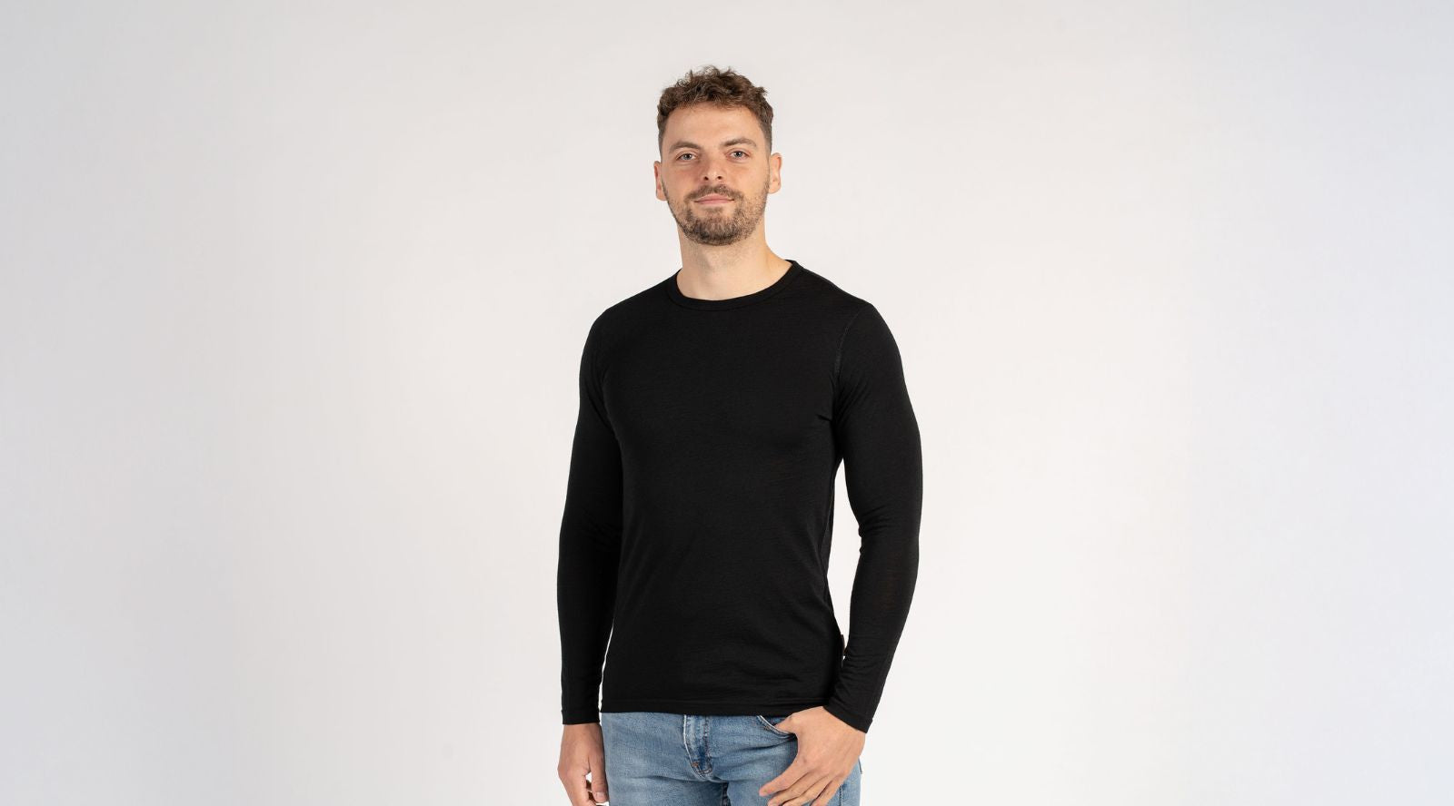 Man wearing a black long-sleeve shirt on a white background