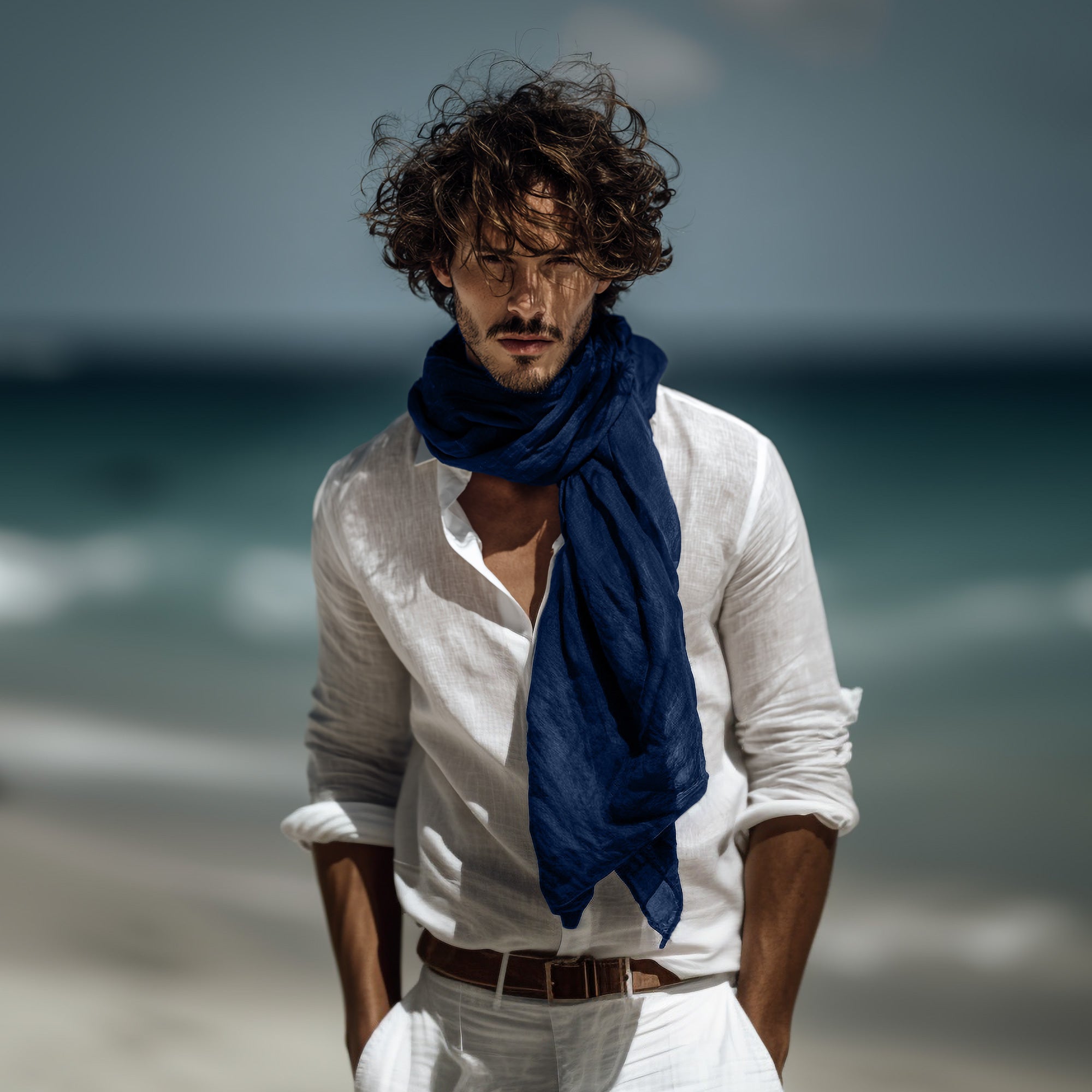 Man wearing a white shirt and blue scarf on a beach